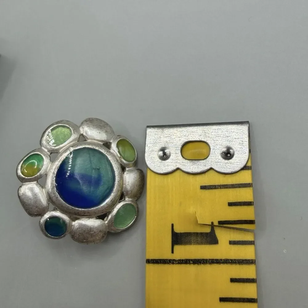 VTG Anne Klein Round Western Boho Clip On Earrings Silver Tone Floral Blue Green